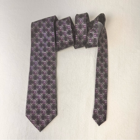 Pronto Uomo Silk Tie Men's Grey Purple Designer Necktie Office Geometric Carrier - Picture 4 of 10